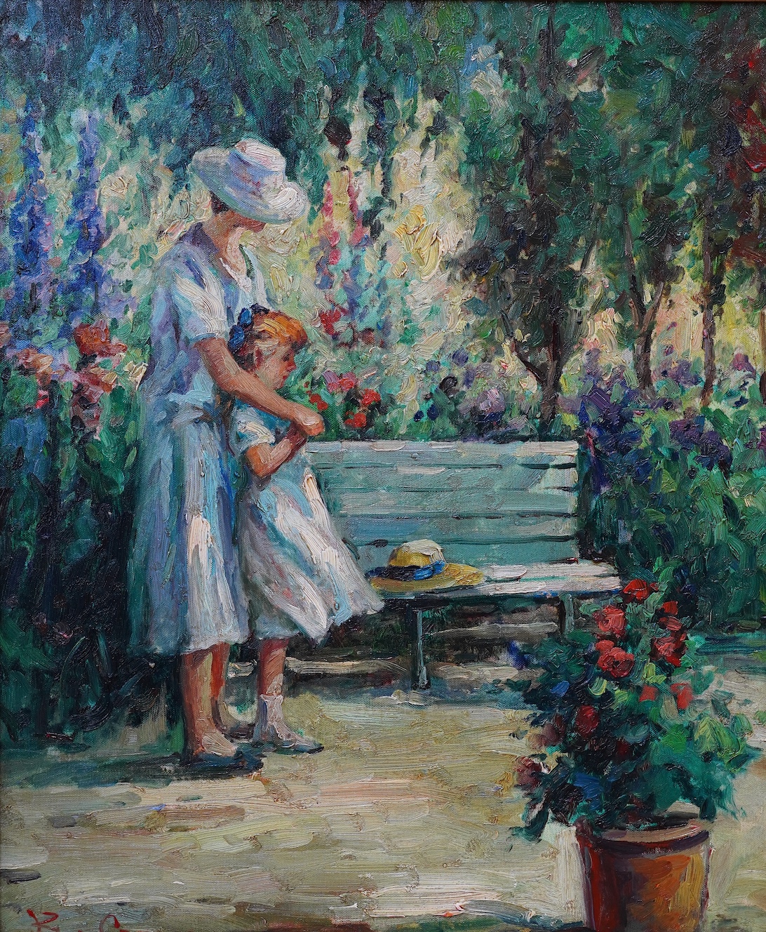 B. Crom?, oil on canvas, possibly over a print, Mother and daughter, signed, 58 x 49cm, ornate gilt frame